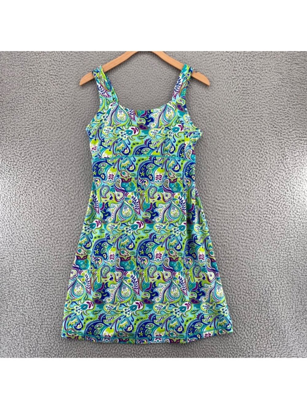 Title Nine Dress Womens Medium Green Multi Paisley A Line Athletic Mini Stretch